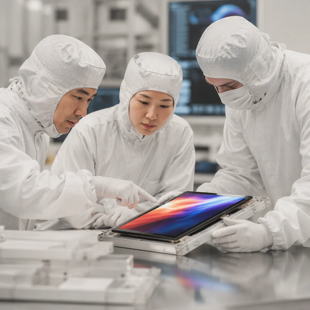 Engineers in cleanroom suits reviewing a display module on a workbench