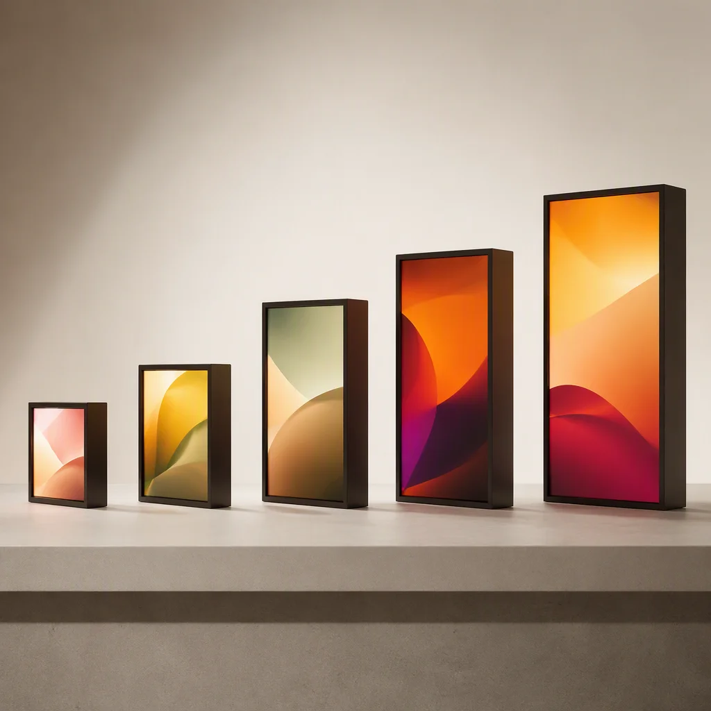 Five display modules of growing size arranged on a light grey table, suggesting company growth