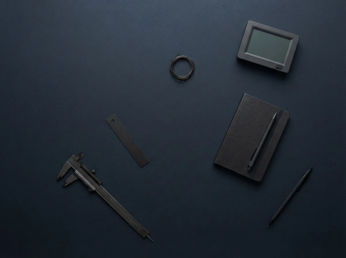 EMS Display brand identity — business card notebook and pen on dark desk mat