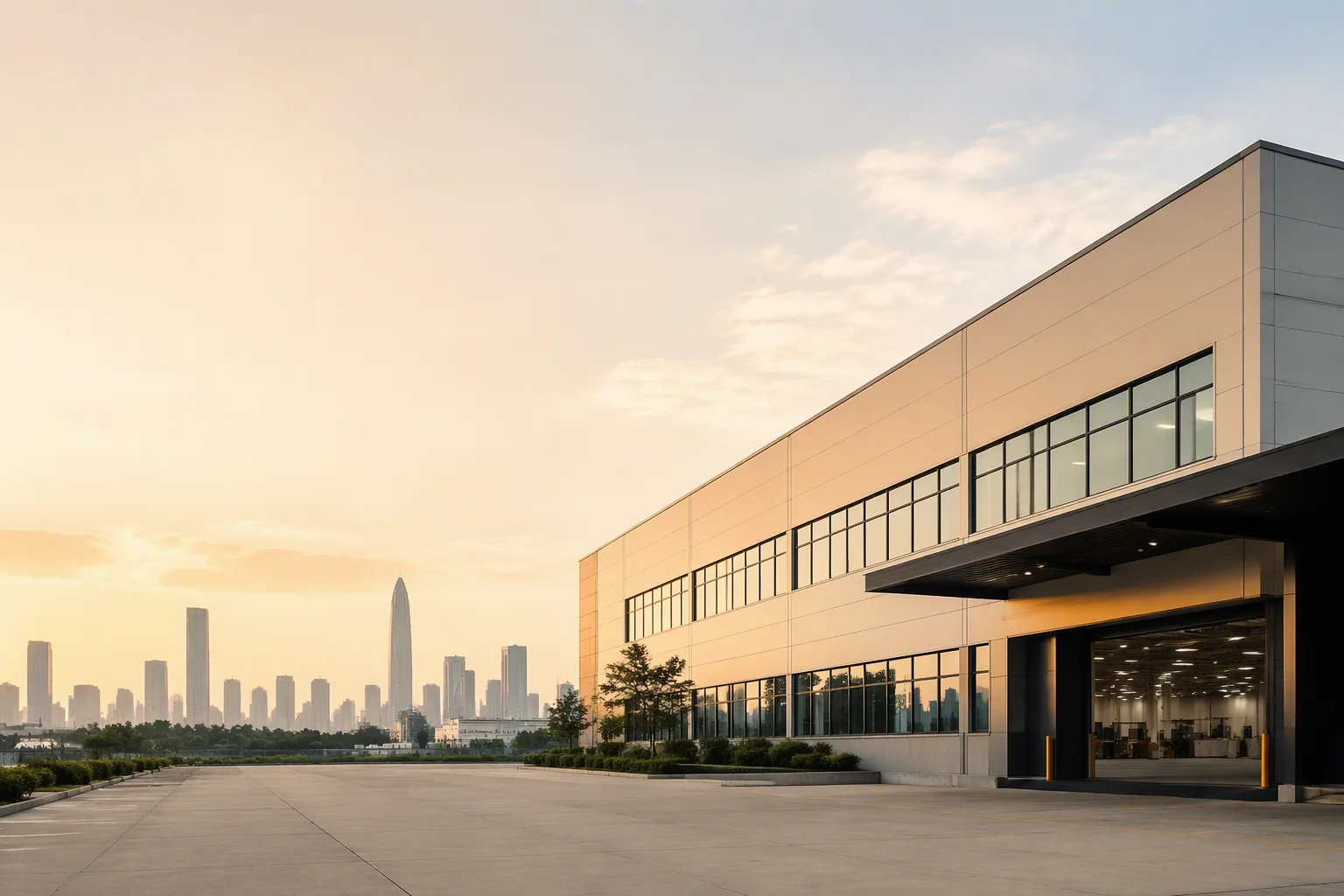 Modern display module factory building with the Shenzhen skyline behind it in warm late-afternoon light