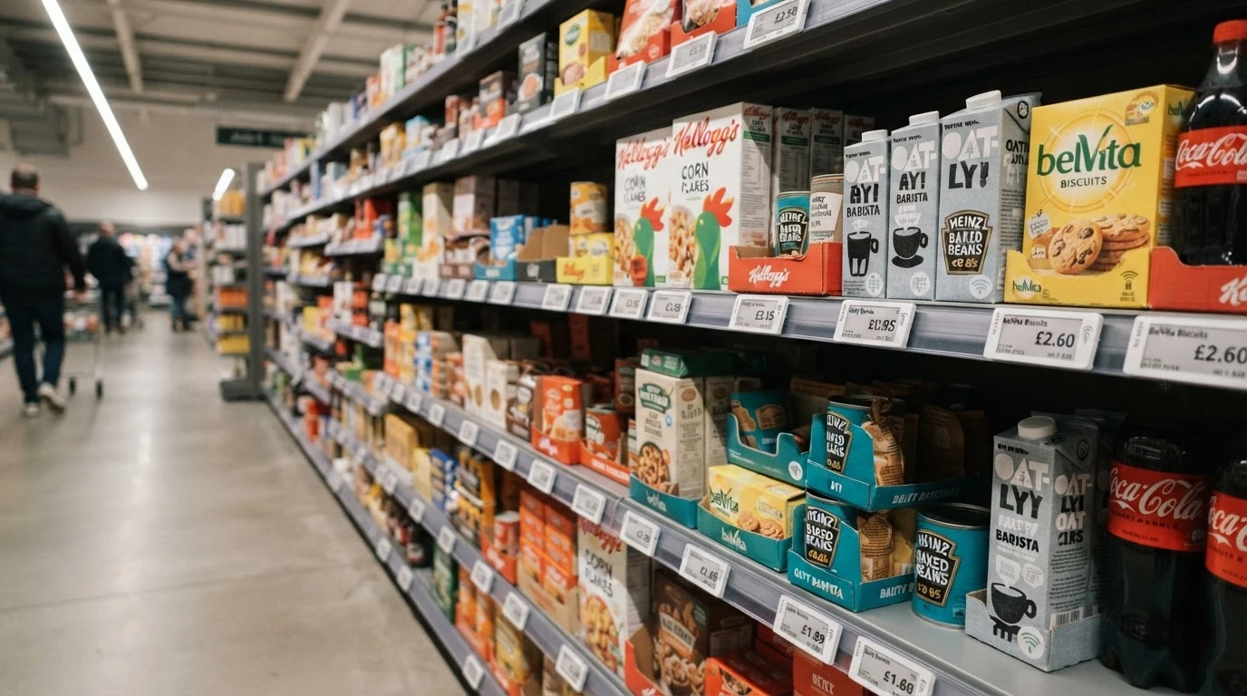 Smart retail shelf with e-paper price tags in modern supermarket