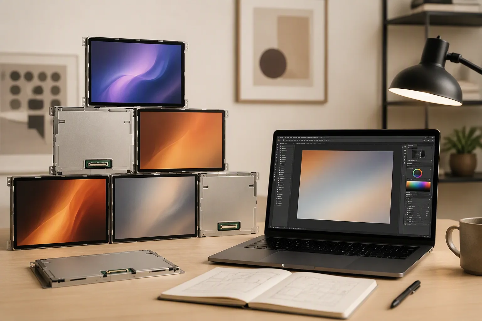 Stacked display modules on an engineering desk beside a laptop showing design software with a blurred screen