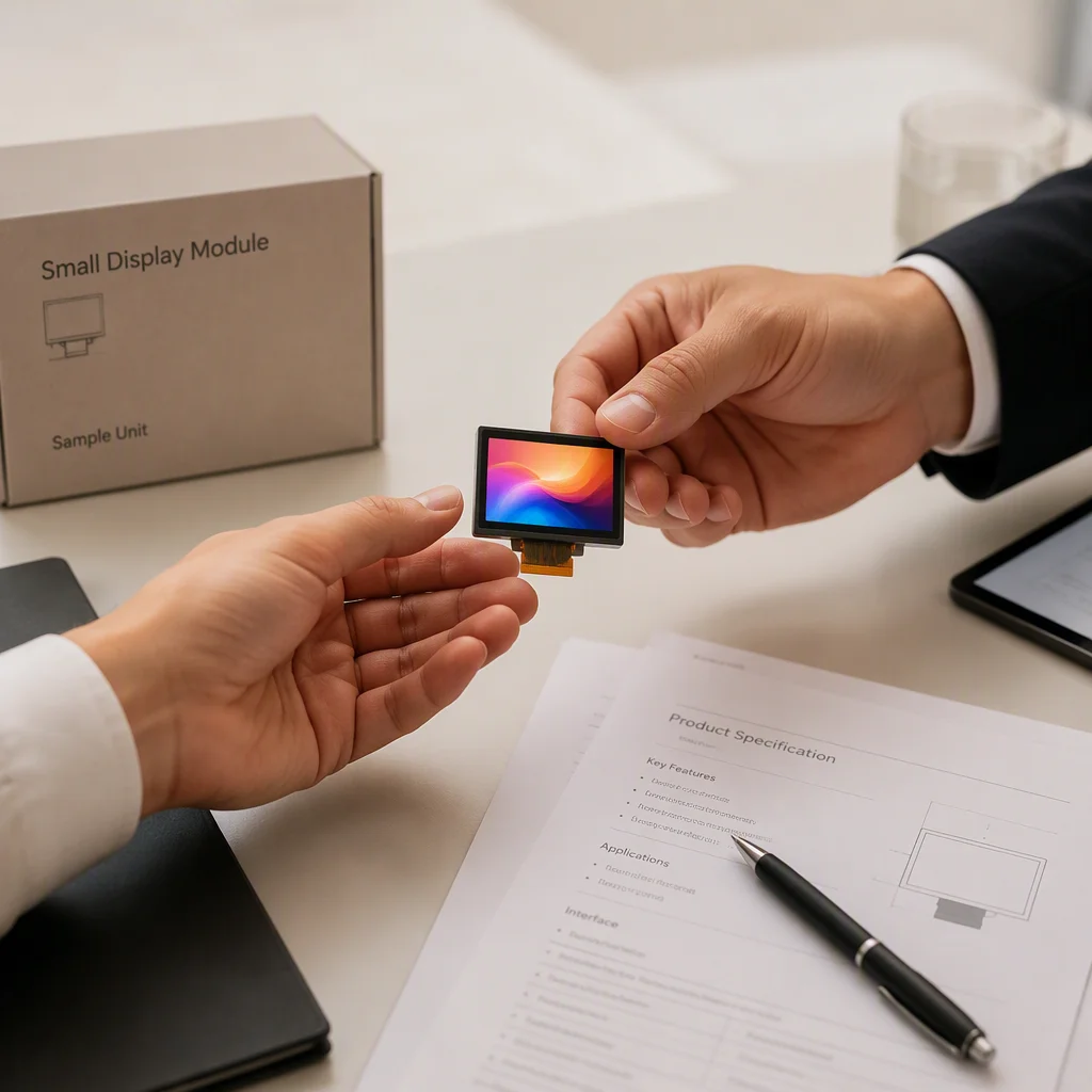 Two hands exchanging a small display module sample across a desk with paperwork in a business setting