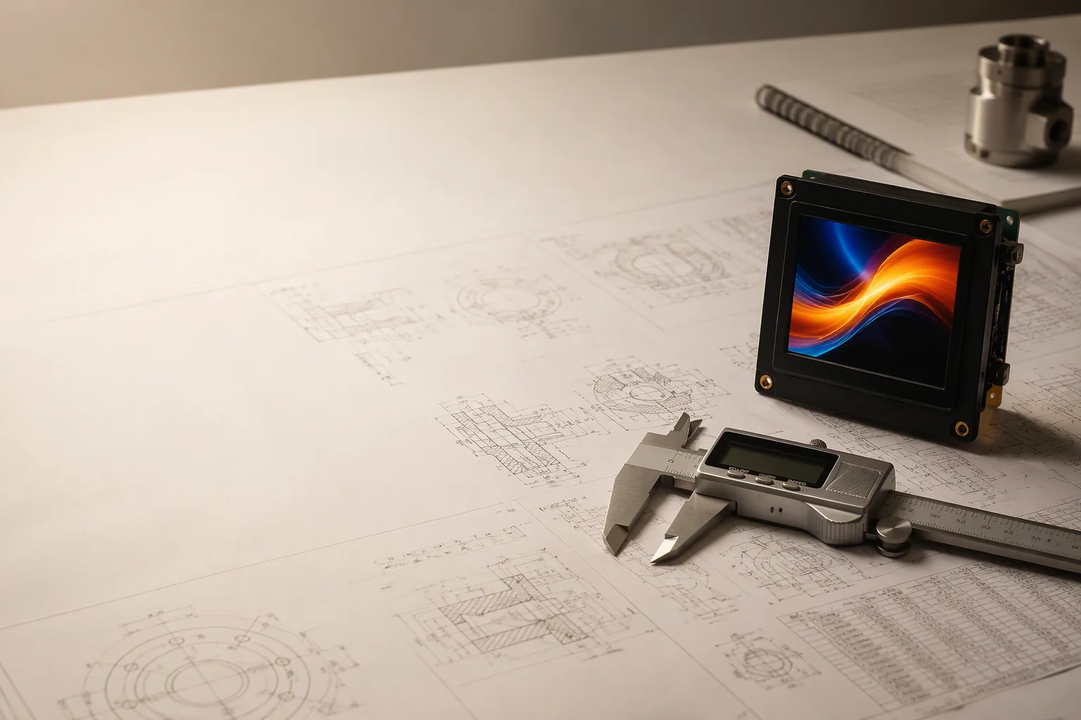 Engineering drawings, a caliper and a display module on a technical desk in warm light