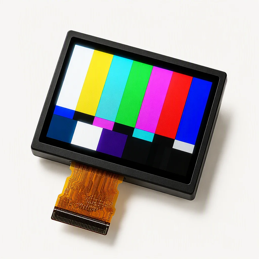 Vivid abstract color-bar test pattern filling an IPS screen at an angle, colors remaining saturated edge to edge