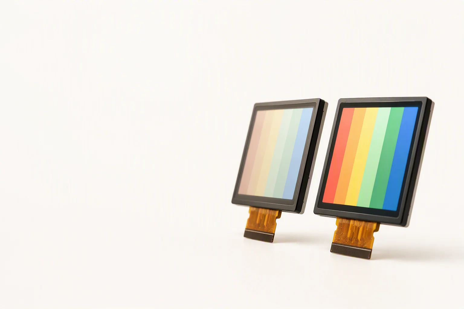 Two identical-looking display modules viewed from an extreme angle: one washed out (TN) and one vivid (IPS) showing abstract color bars