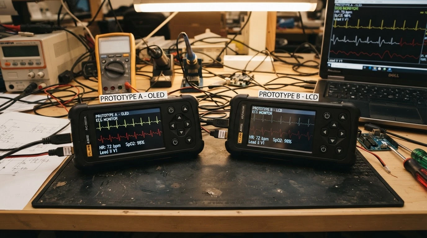 Side-by-side comparison of medical device prototypes with OLED vs LCD displays on engineering bench