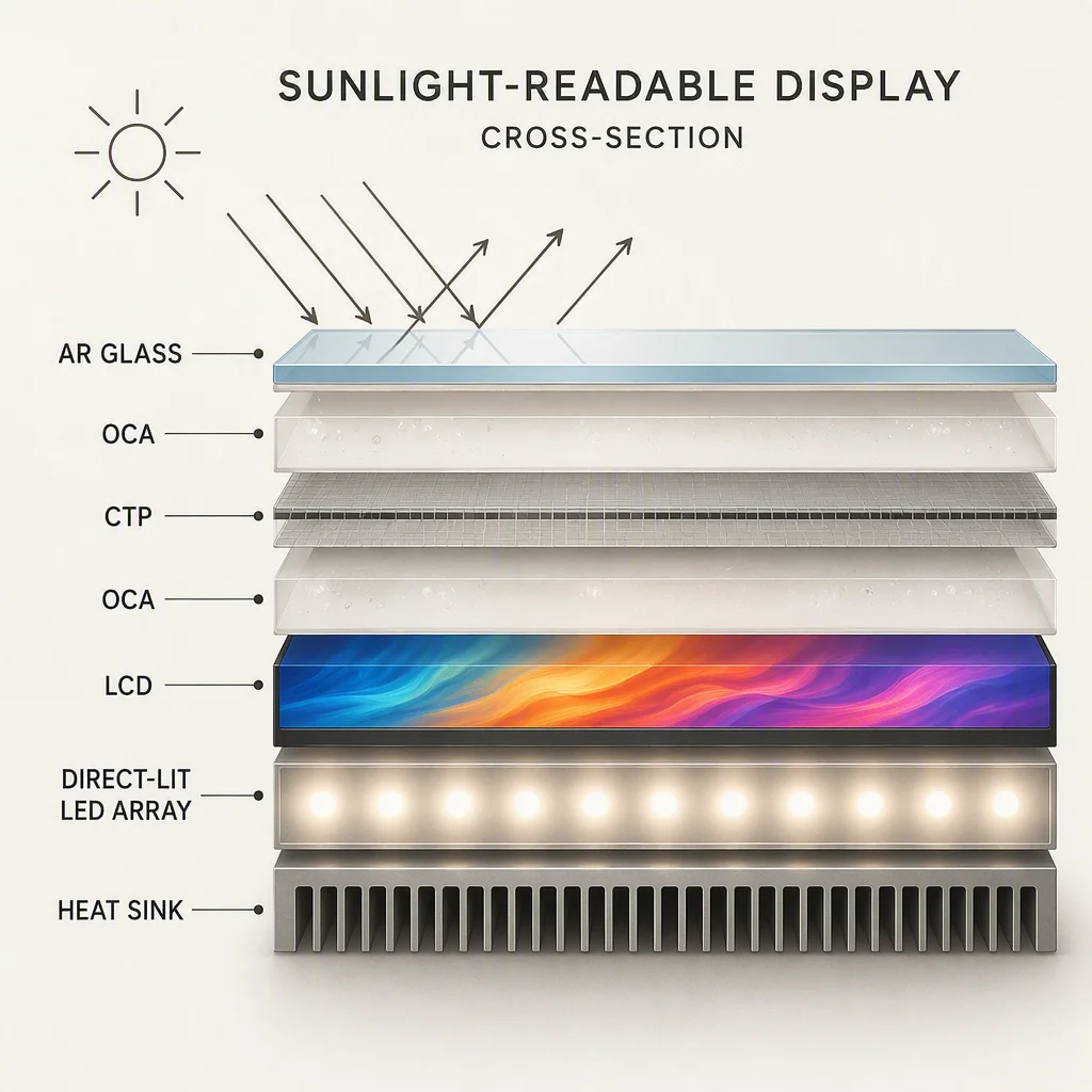 Cross-section diagram of the sunlight-readable stack: AR glass, OCA, touch panel, OCA, LCD, direct-lit LED array and heat sink