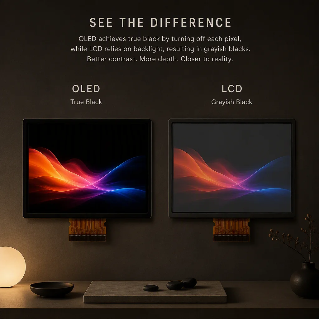 Macro comparison of screen blacks in a dark room: an OLED panel showing true black beside an LCD panel showing greyish black