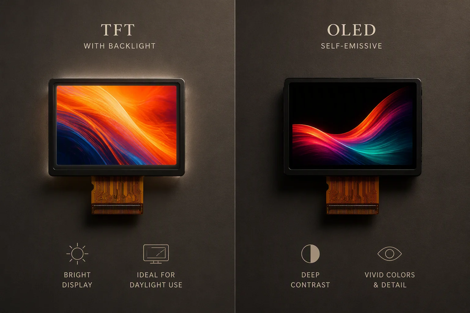 Split product shot: a TFT module with visible backlight edge glow beside an OLED module with deep blacks on a dark surface
