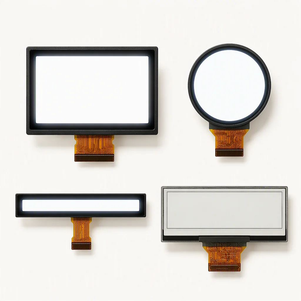 TFT, round AMOLED, bar-type and COG monochrome modules grouped on a white studio background