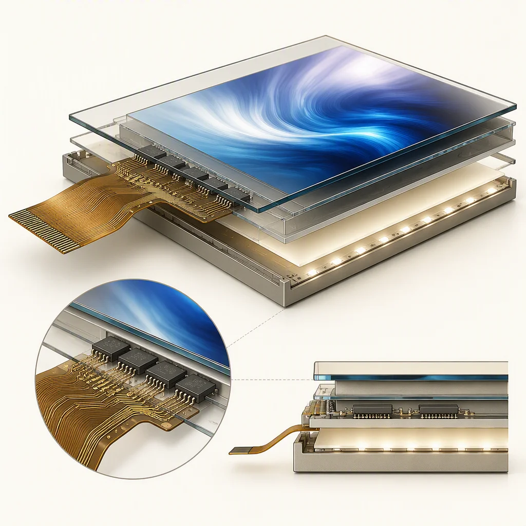 Cutaway diagram of COG construction: glass, driver IC bonded on glass via ACF, FPC and backlight layers
