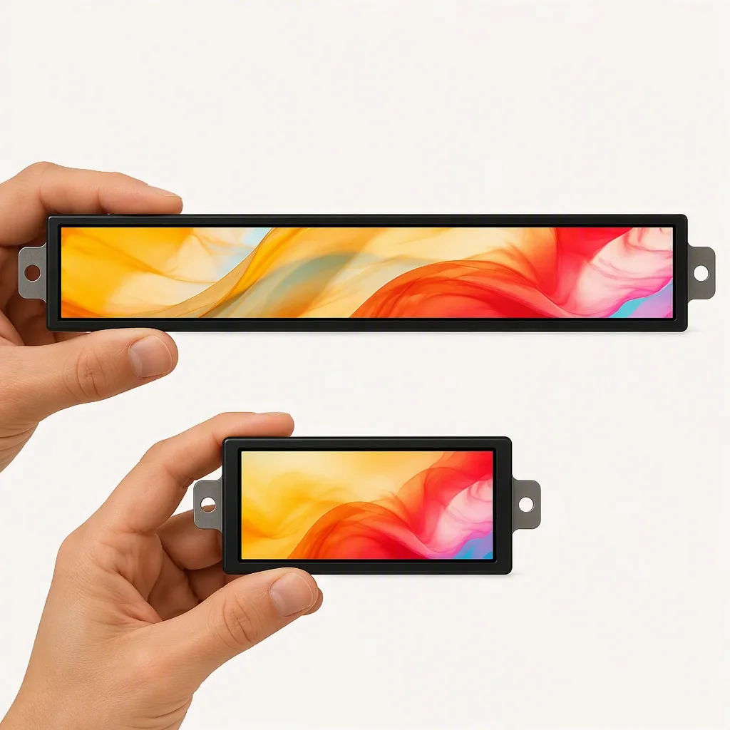 Bar-type 8.8 inch custom LCD module held in hand next to a standard 4.3 inch module for size comparison