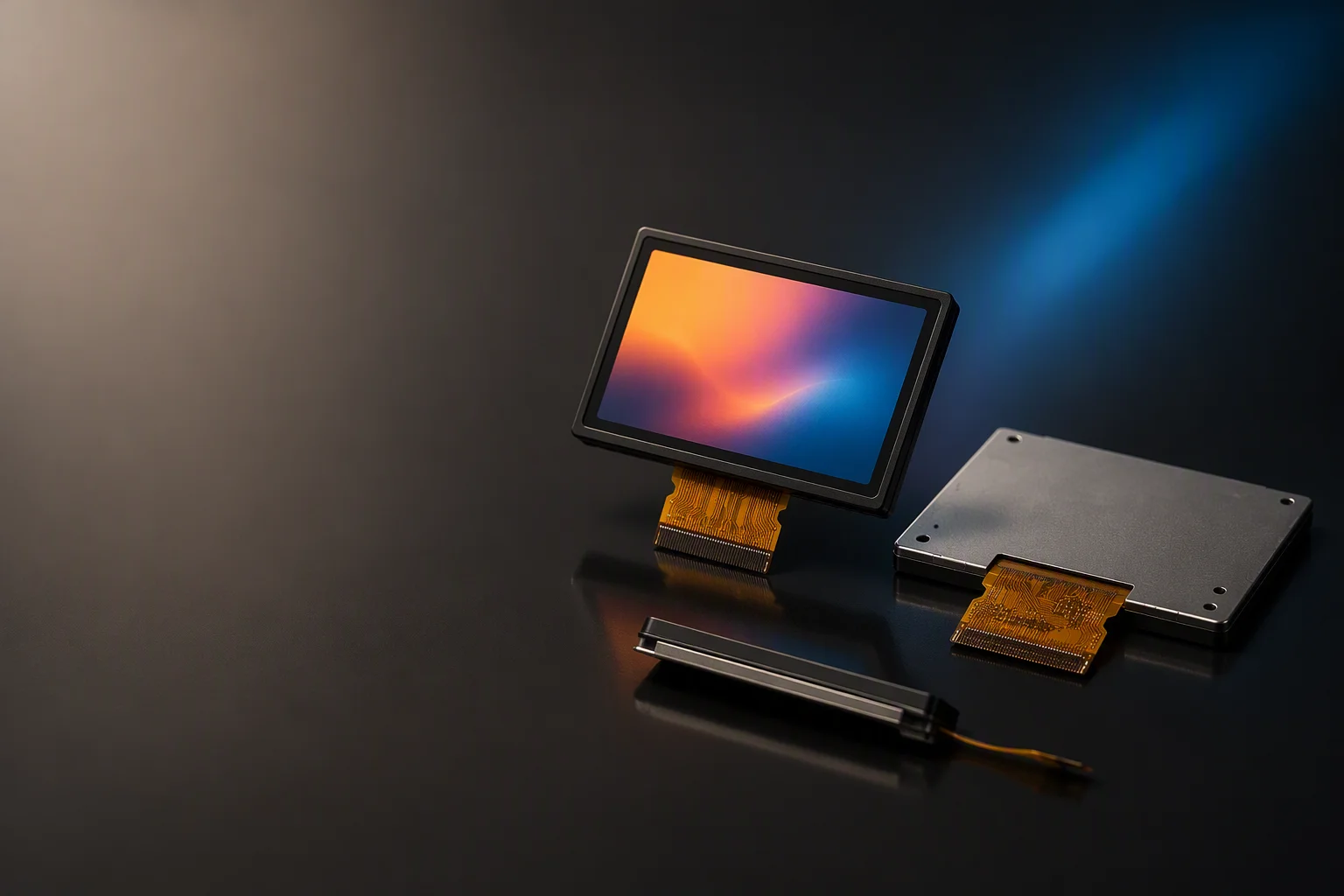 Assortment of TFT, OLED, bar-type and monochrome display modules arranged on a dark reflective surface with soft blue accent lighting