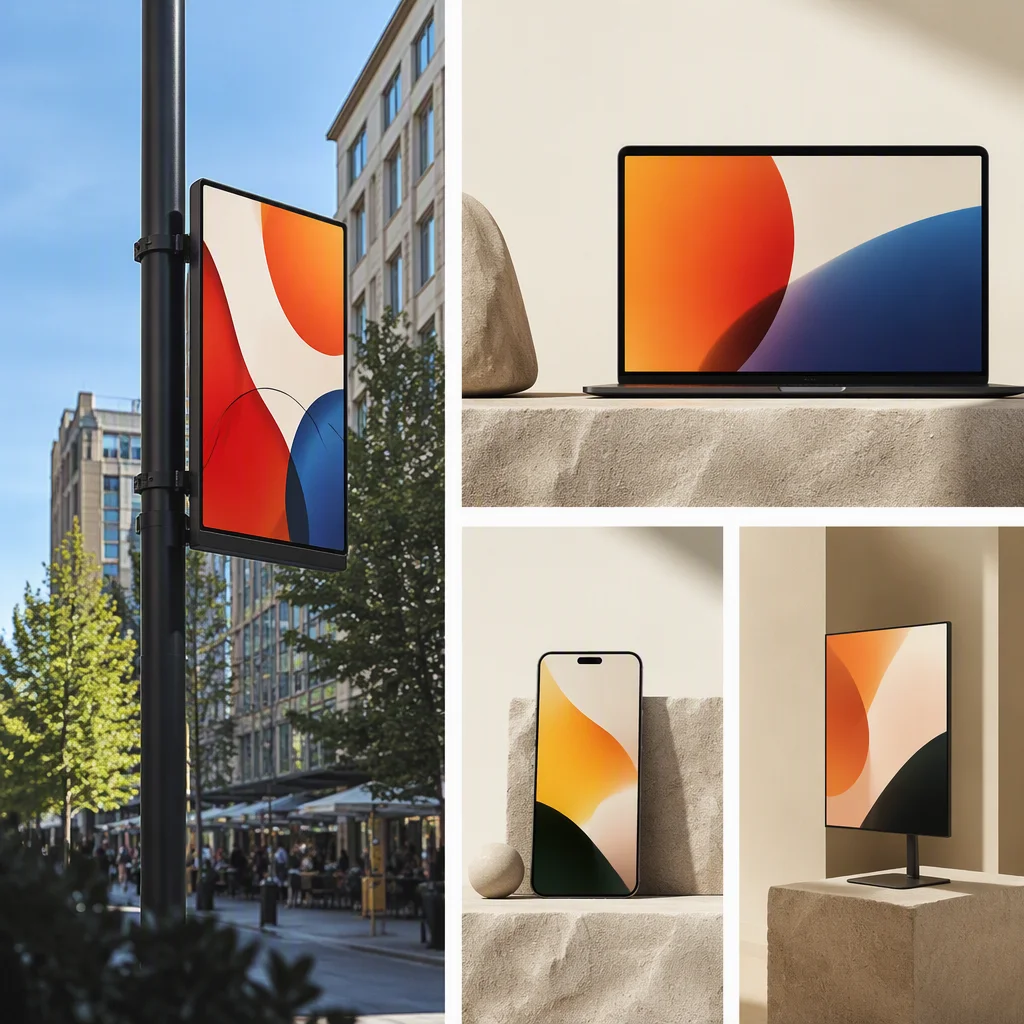 Outdoor digital signage display on a street pole under direct sunlight with vivid colors clearly readable