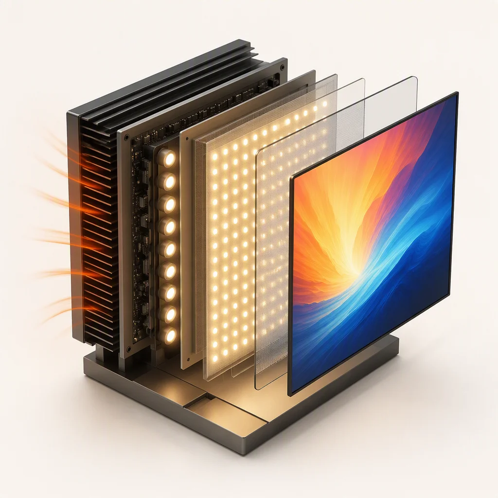 Cutaway diagram of a high-brightness LCD showing direct-lit LED array backlight, heat sink fins, LC panel and AR-coated cover glass