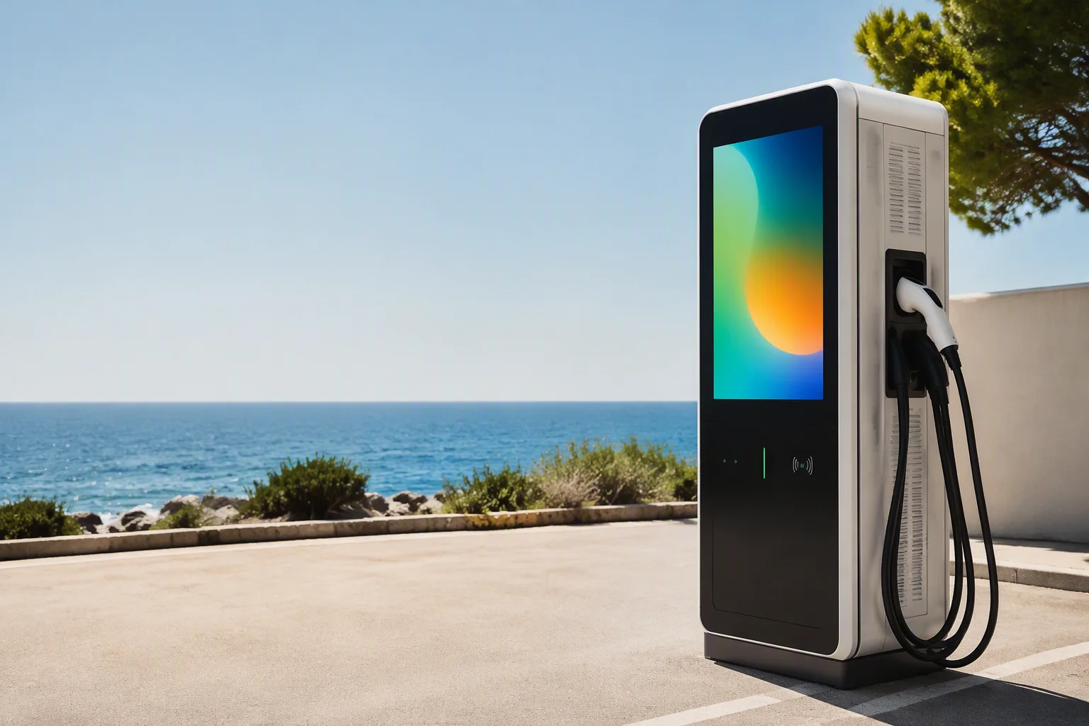 EV charging station with a bright sunlight-readable display in full noon sun, vivid screen graphics clearly visible