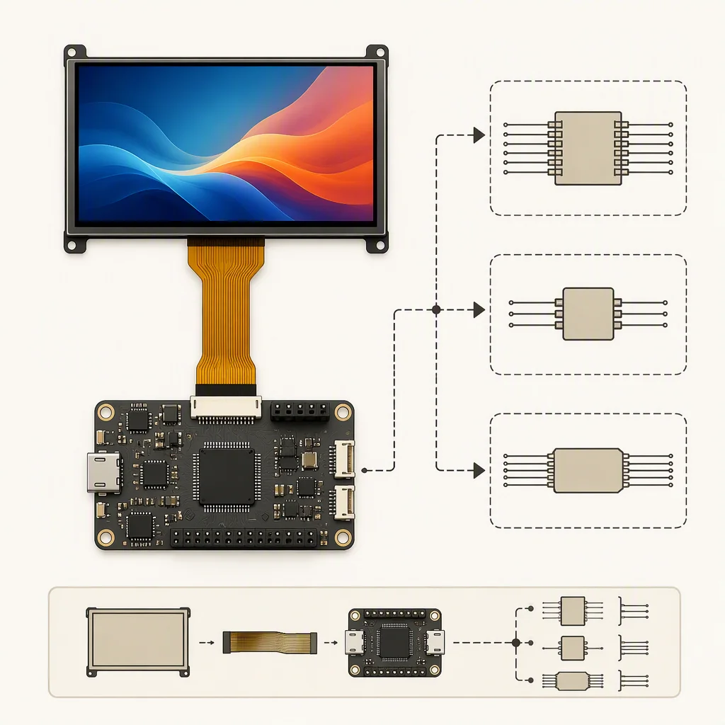Wiring diagram illustration of a display module connected to an MCU board via FPC with interface blocks for MIPI, SPI and LVDS