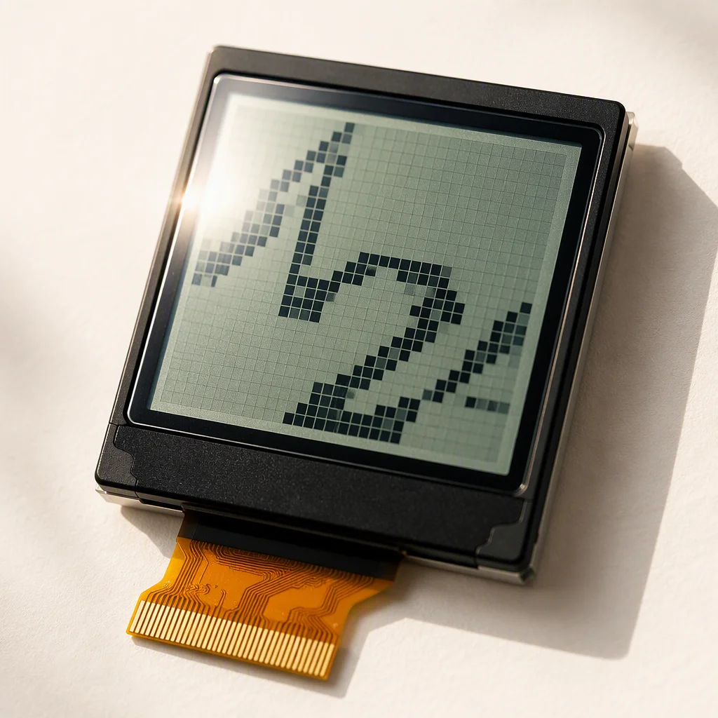 Close-up of a transflective 128×64 LCD showing partial digits in outdoor daylight with sunlight hitting the screen surface