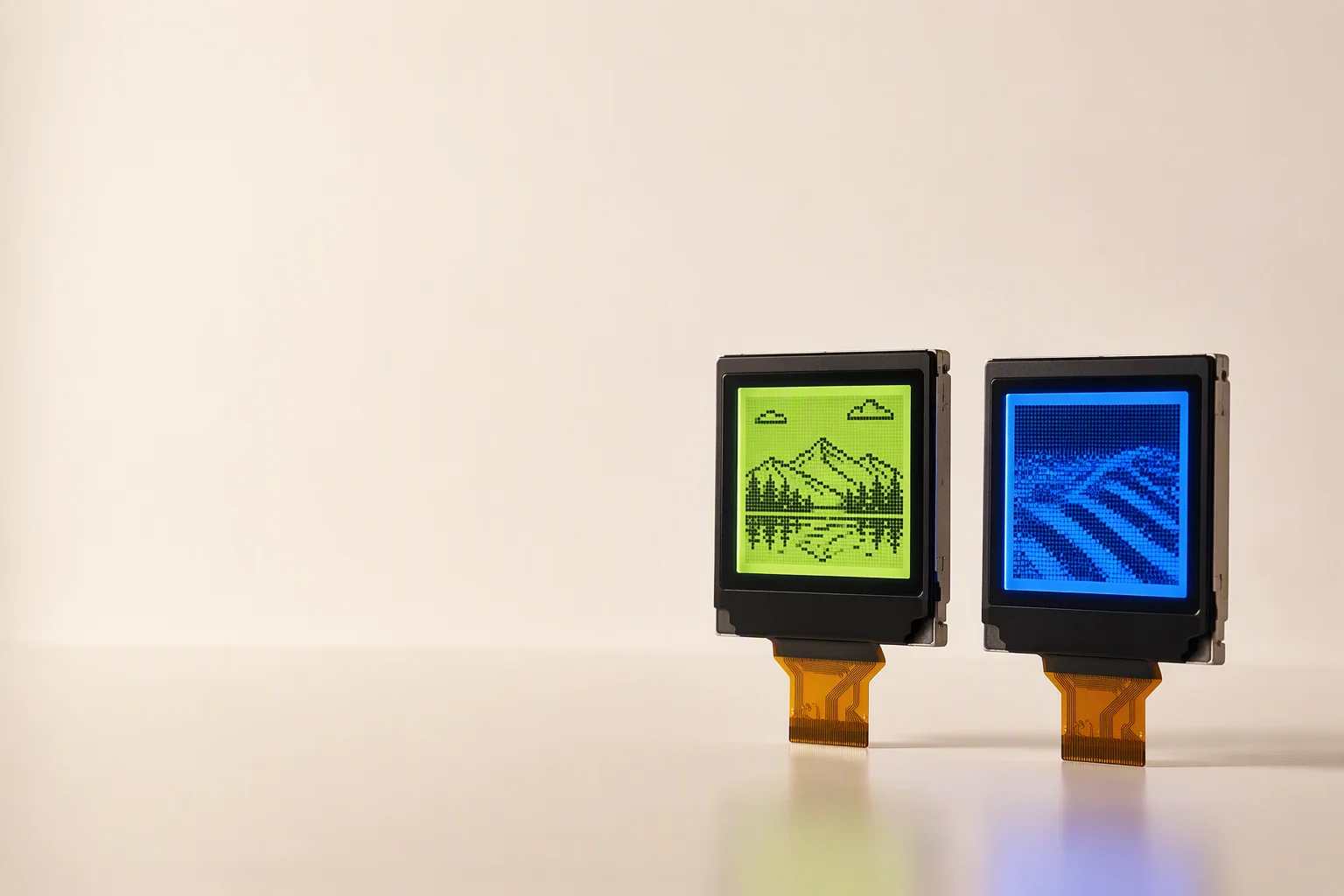 Monochrome graphic LCD modules with yellow-green and blue backlights arranged on a clean lab bench