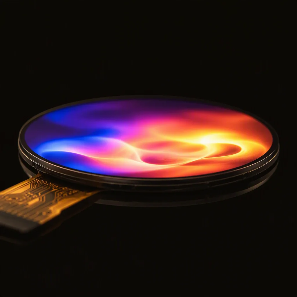 Macro shot of a round AMOLED smartwatch display glowing at night with vivid colors, ultra-thin profile visible from the side