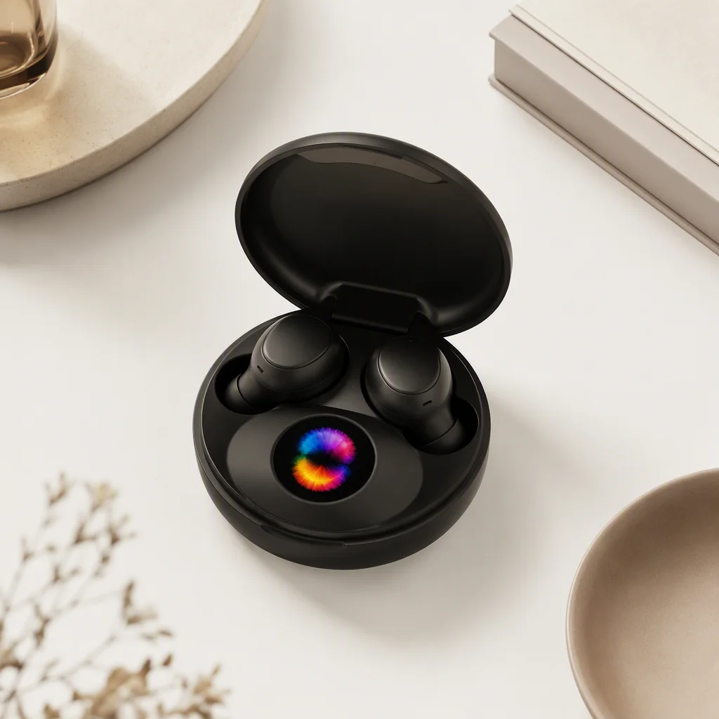 TWS earbuds charging case with a small OLED screen showing an abstract battery ring on a clean white desk in soft daylight