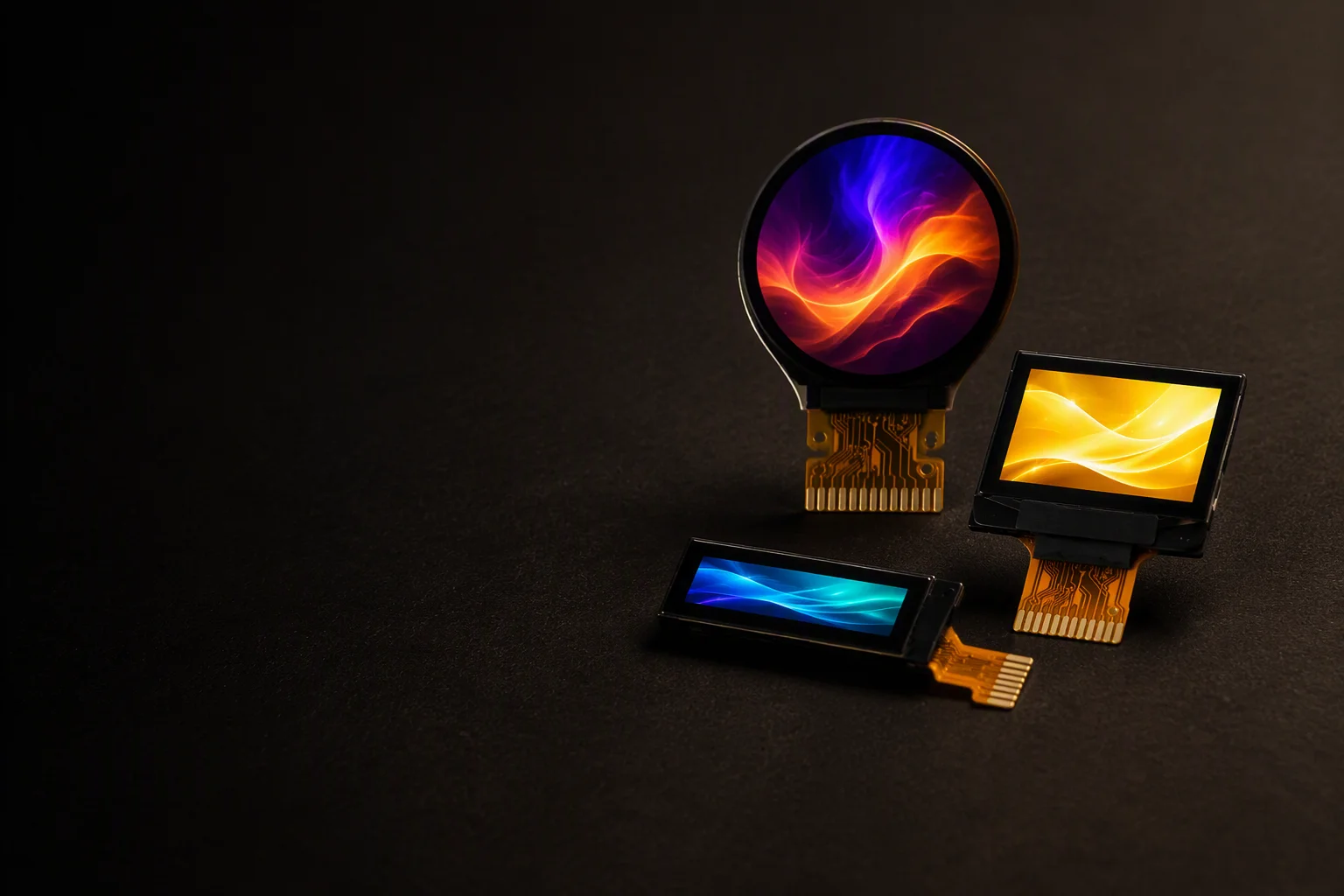 Assortment of OLED displays — a round 1.39-inch AMOLED watch display, a 0.96-inch PMOLED and a small bar OLED glowing on a dark surface