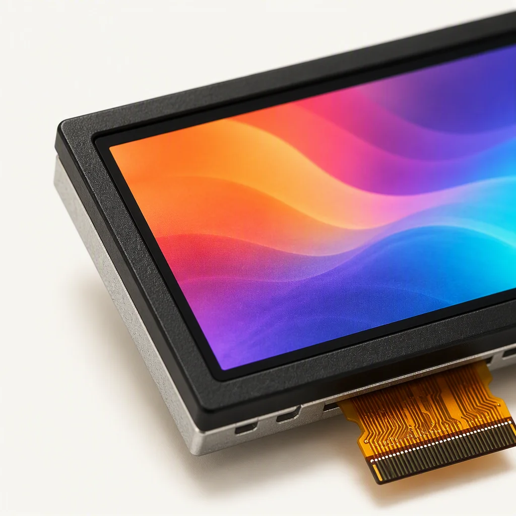 Macro view of an IPS screen edge at an oblique 60-degree angle with vivid colors staying consistent