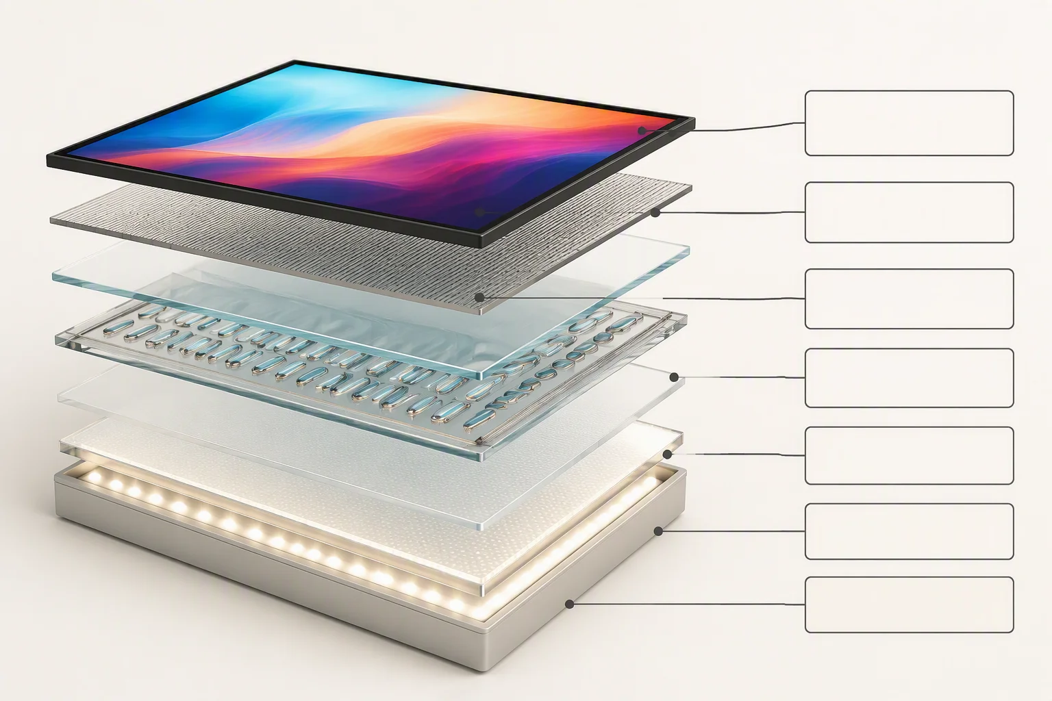 Isometric cutaway diagram of the TFT-LCD stack showing backlight, light guide, diffuser, liquid crystal glass and polarizer layers