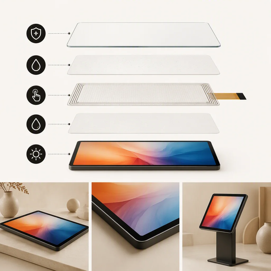 Layer diagram of a PCAP touch display: cover glass, OCA, sensor film, OCA and LCD panel stacked flat