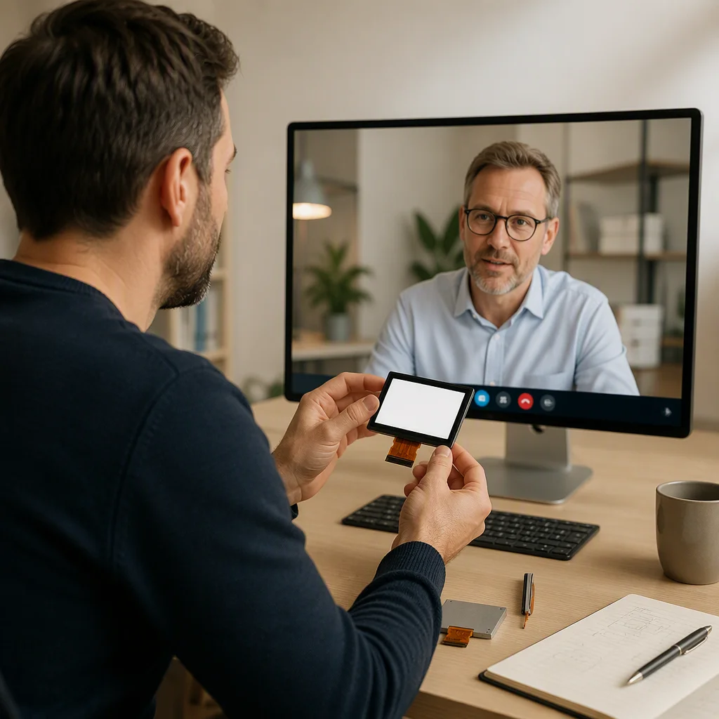 Engineer holding a display module during a video call with a customer in an office setting