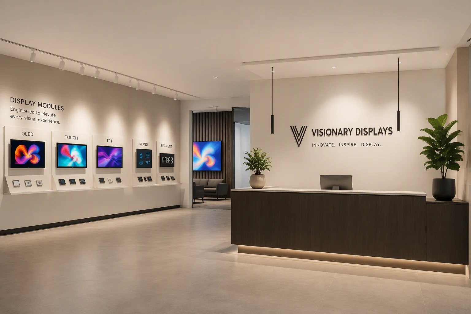 Modern reception desk in a display company showroom with modules on a display wall, bright and clean
