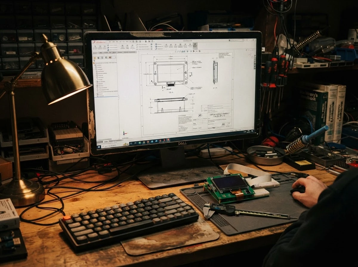 Engineer designing custom display solution on CAD workstation