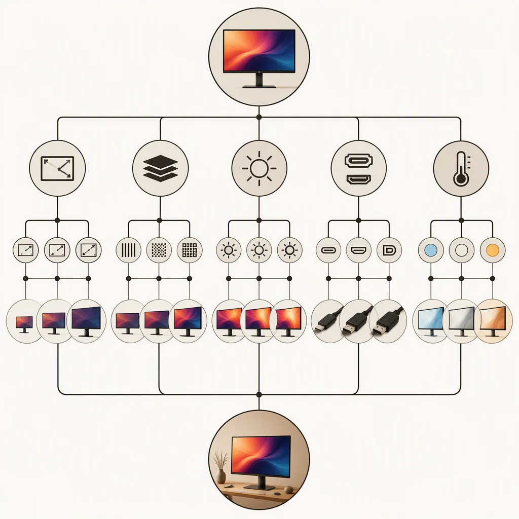 Decision-tree style diagram for display selection covering size, panel, brightness, interface and temperature branches
