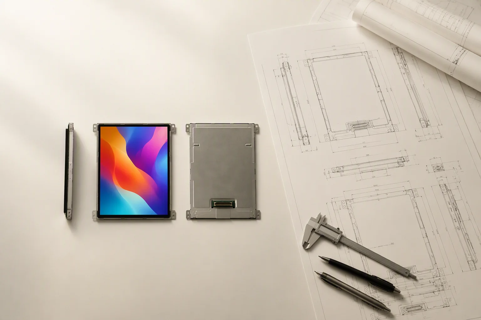 Engineering blueprint drawings laid beside display modules on a drafting table with technical atmosphere and soft light