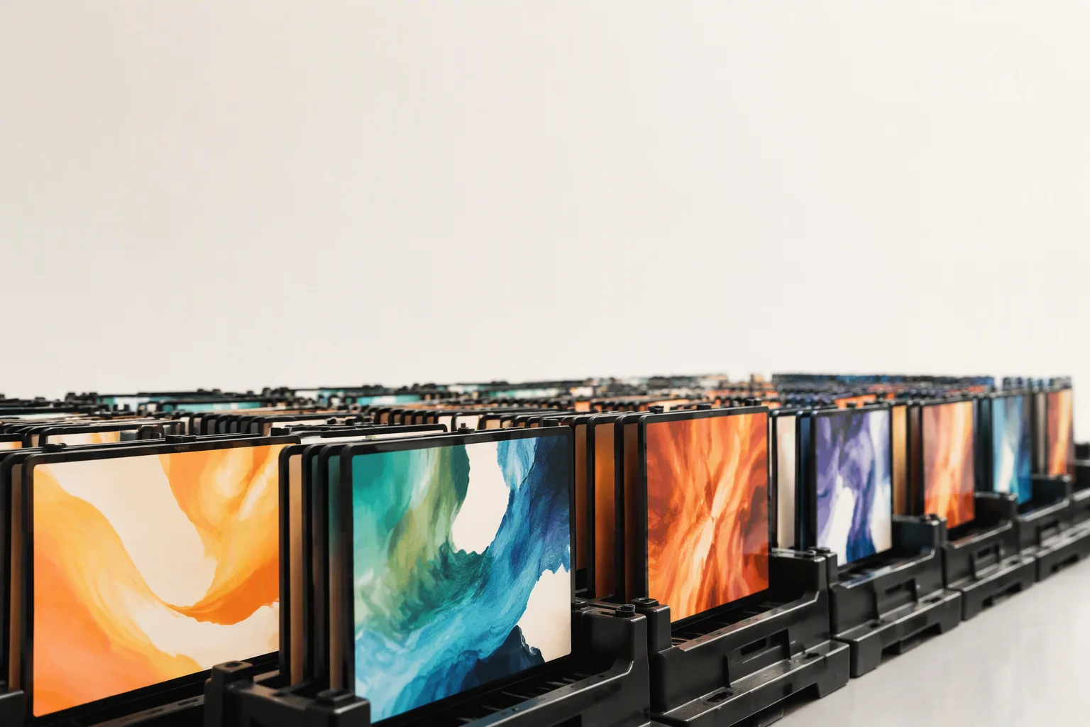 Racks of finished display modules in antistatic trays under cool LED light