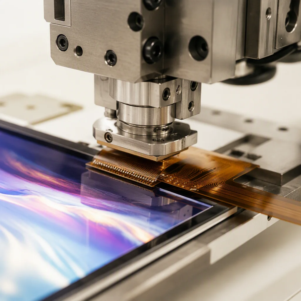 ACF bonding head pressing a flexible PCB onto LCD glass in macro close-up