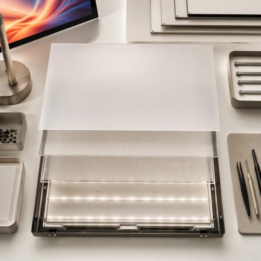 Backlight assembly station with stacked diffuser, prism and light guide films