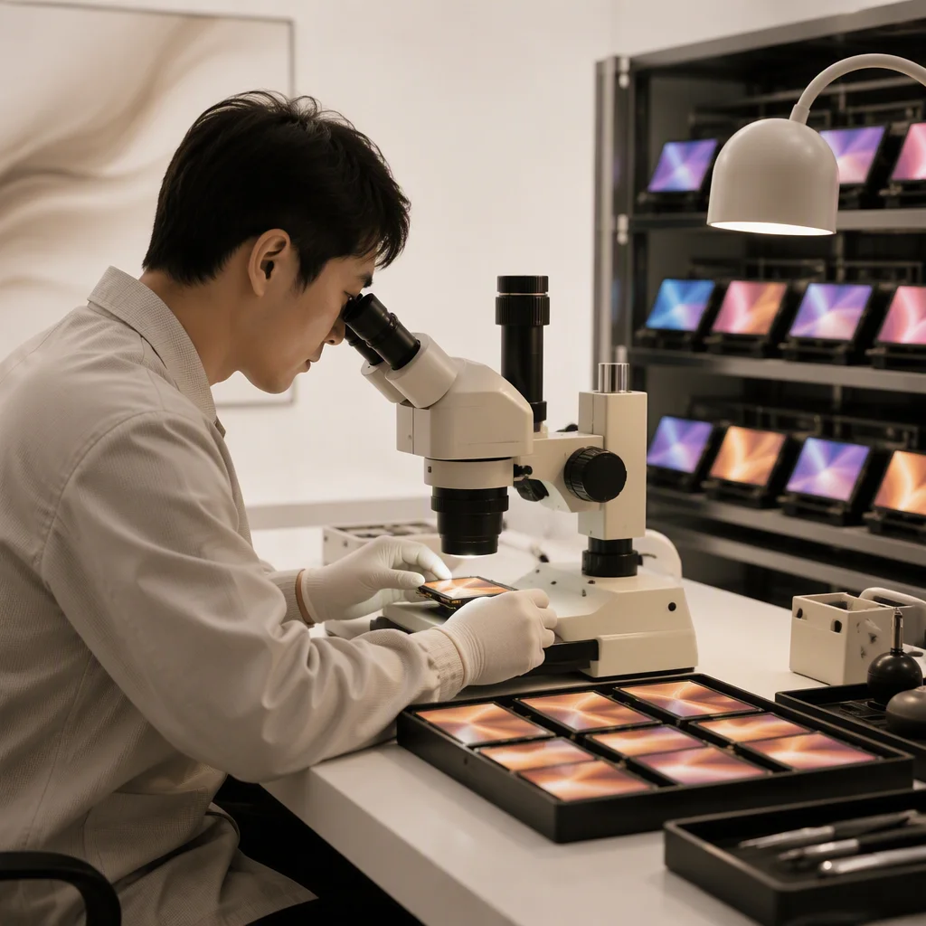 Engineer inspecting display modules through a microscope in the quality lab
