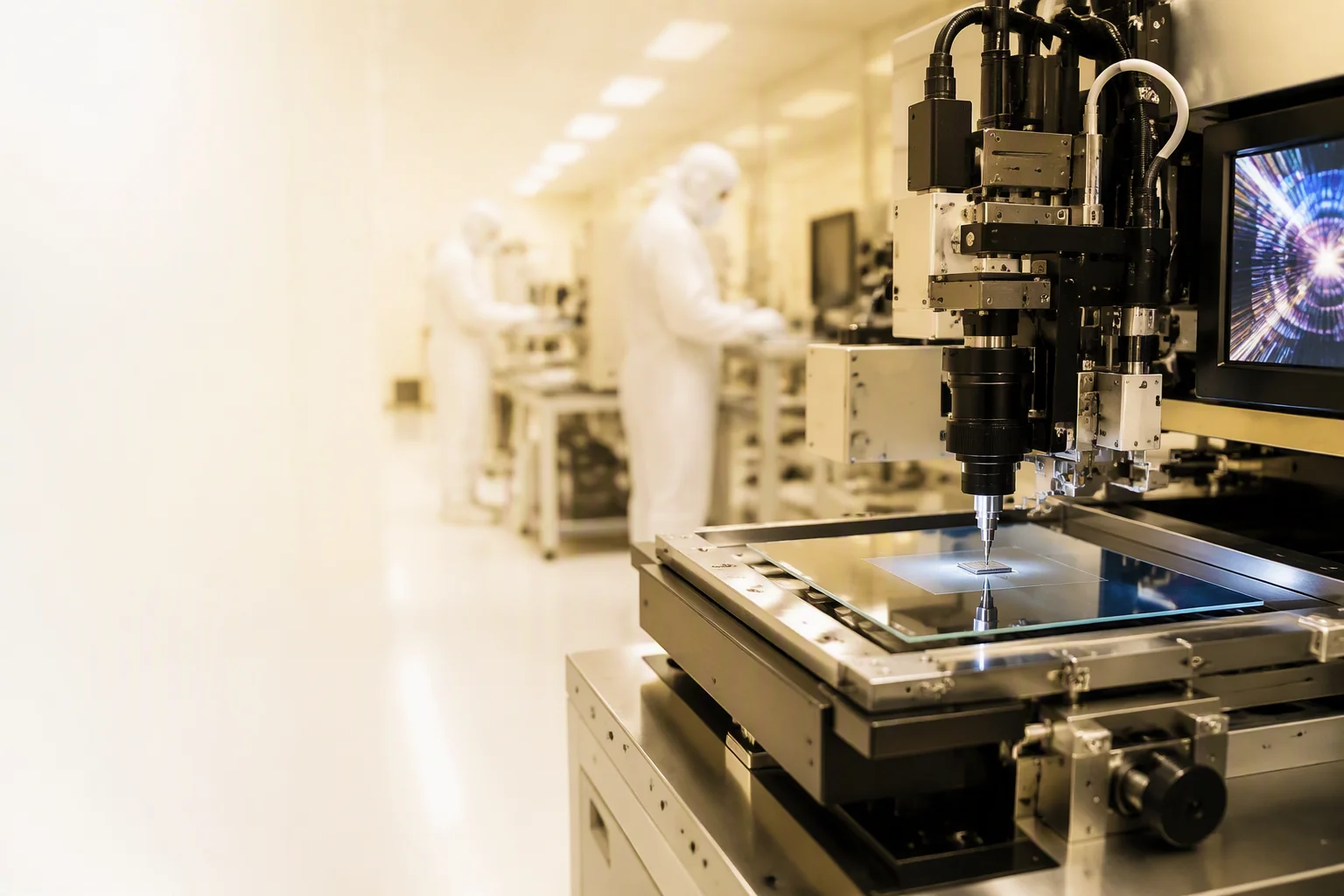 COG bonding machine placing a driver IC onto a glass panel inside a yellow-lit cleanroom