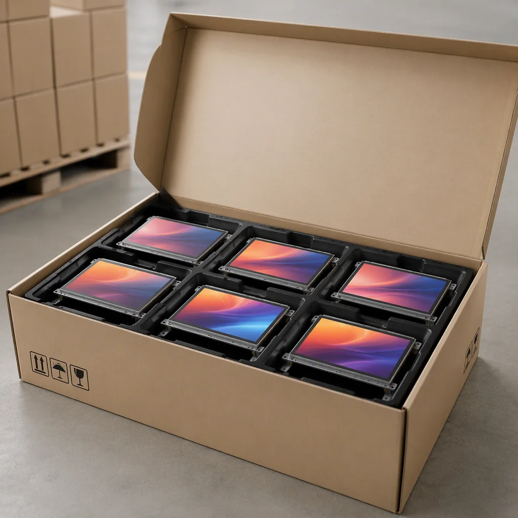 Cardboard export carton with antistatic trays of display modules on a warehouse floor, soft lighting