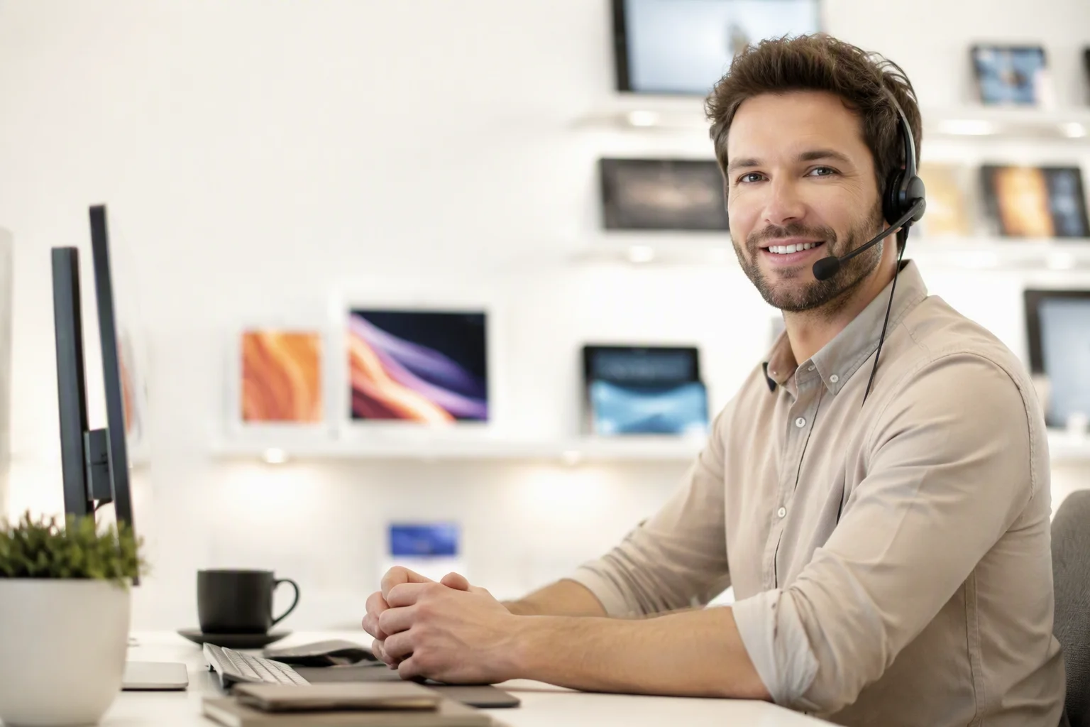 Customer service engineer with a headset at a desk with display modules in the background, in a bright modern office