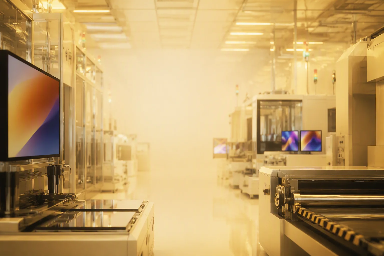 Cleanroom LCD manufacturing with yellow lighting and laminator silhouettes