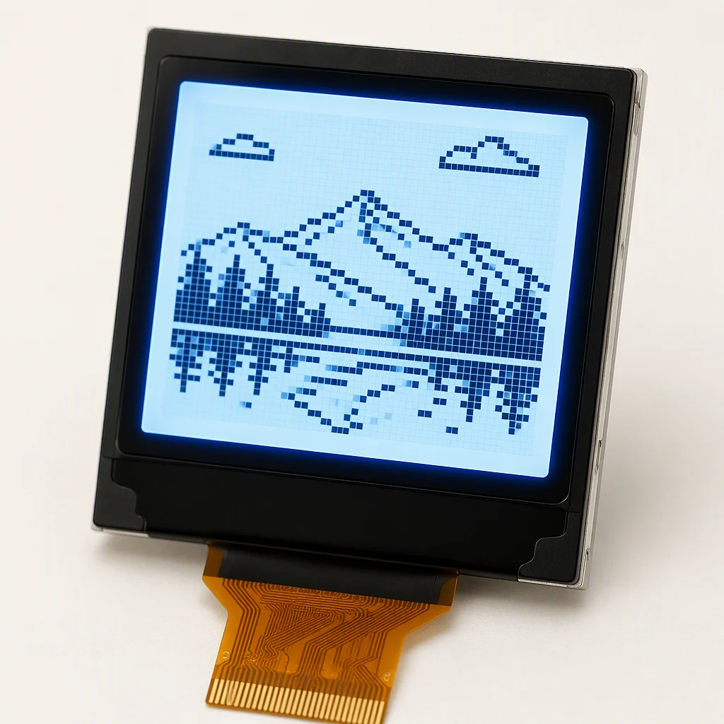 Monochrome COG LCD module with blue-white backlight showing crisp characters