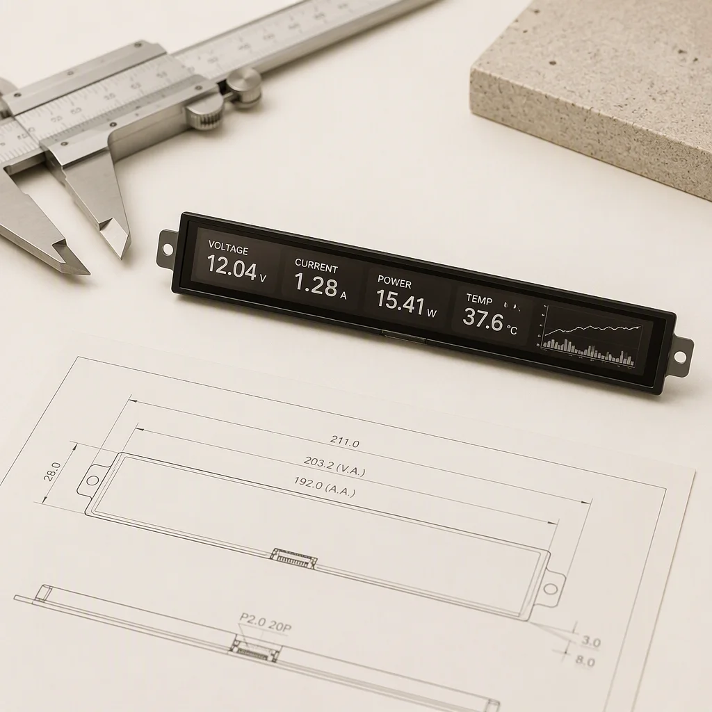 Bar-type display module beside engineering calipers and a drawing