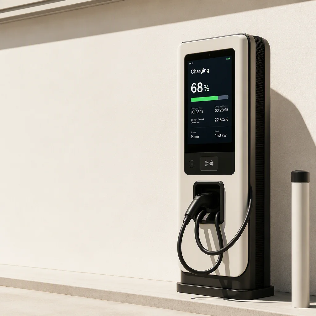 EV charging station with sunlight-readable display in full noon sun