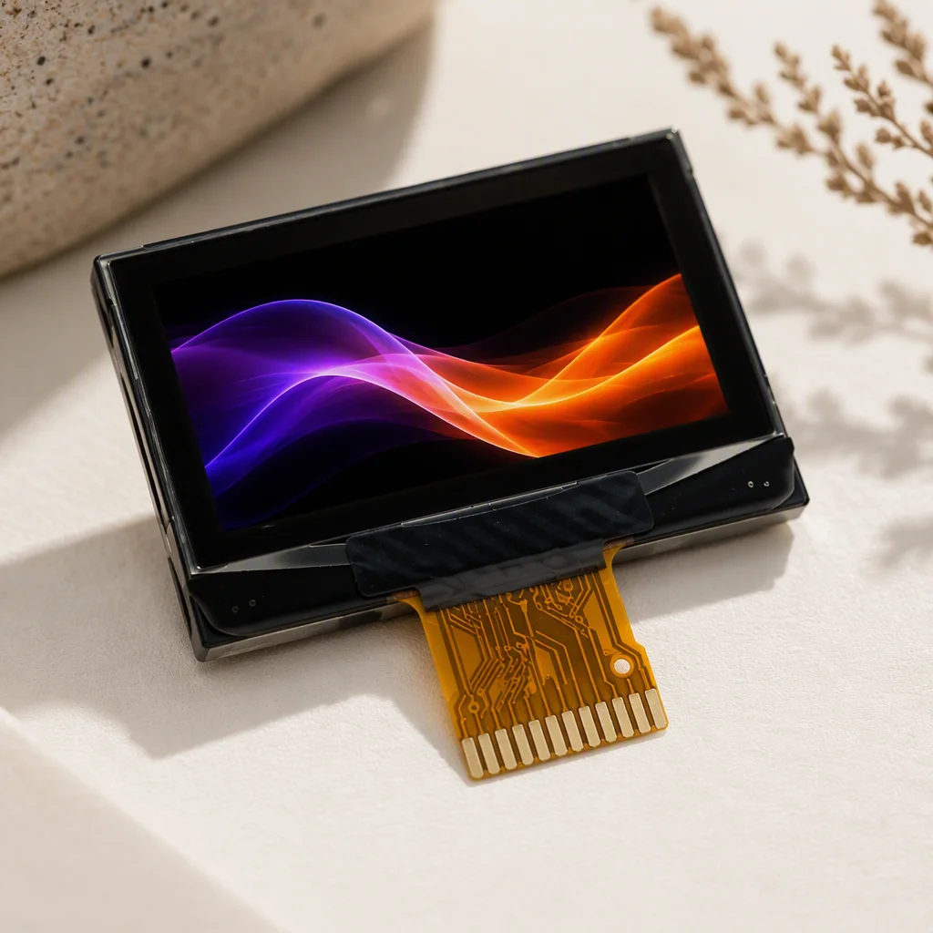 Small OLED module glowing with deep blacks and vivid colors