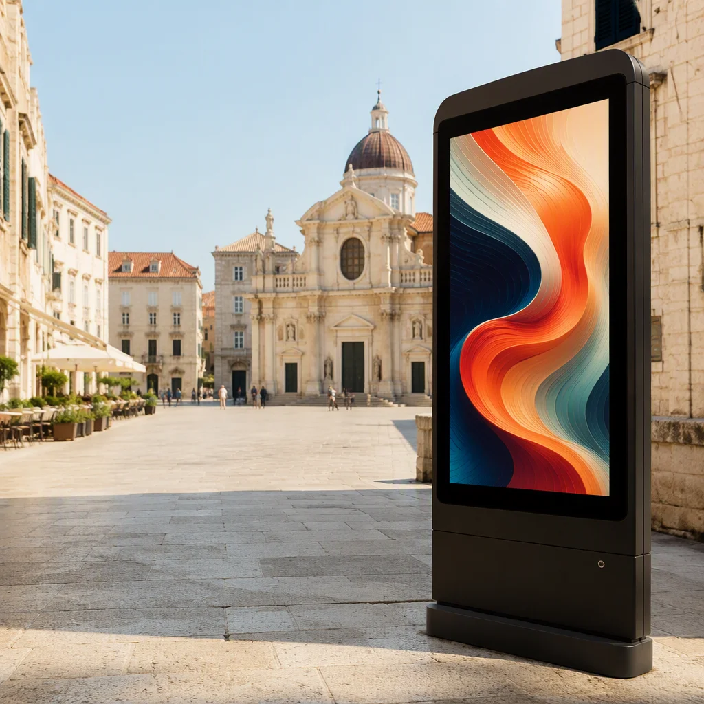 Outdoor kiosk with a sunlight-readable display in a European city square