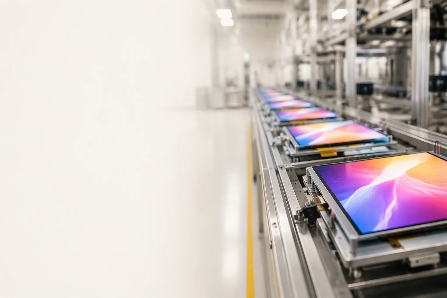 LCD module assembly line with glowing backlights in a clean Shenzhen factory