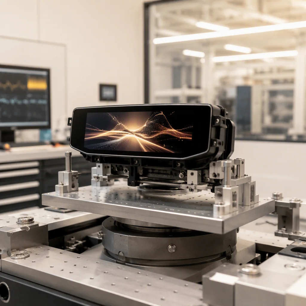 Automotive-grade display module mounted on a vibration test bench in an engineering lab, under cool lighting